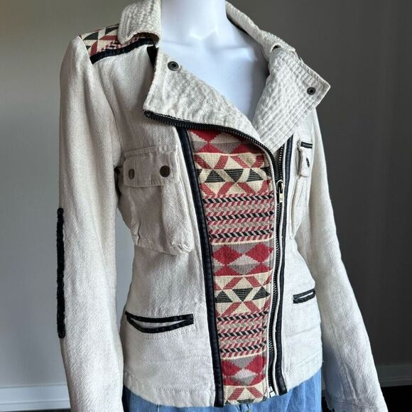 Maison Scott Scotch & Soda Linen Blend Navajo Print Moto Jacket - Picture 1 of 13